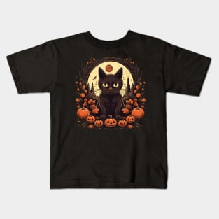 Black Cat with Pumpkins Kids T-Shirt